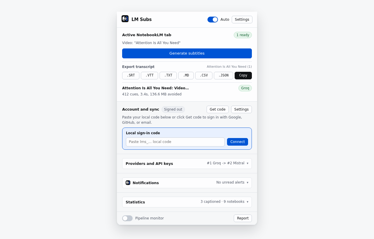 LM Subs Chrome toolbar popup showing where to paste and save a free Groq API key