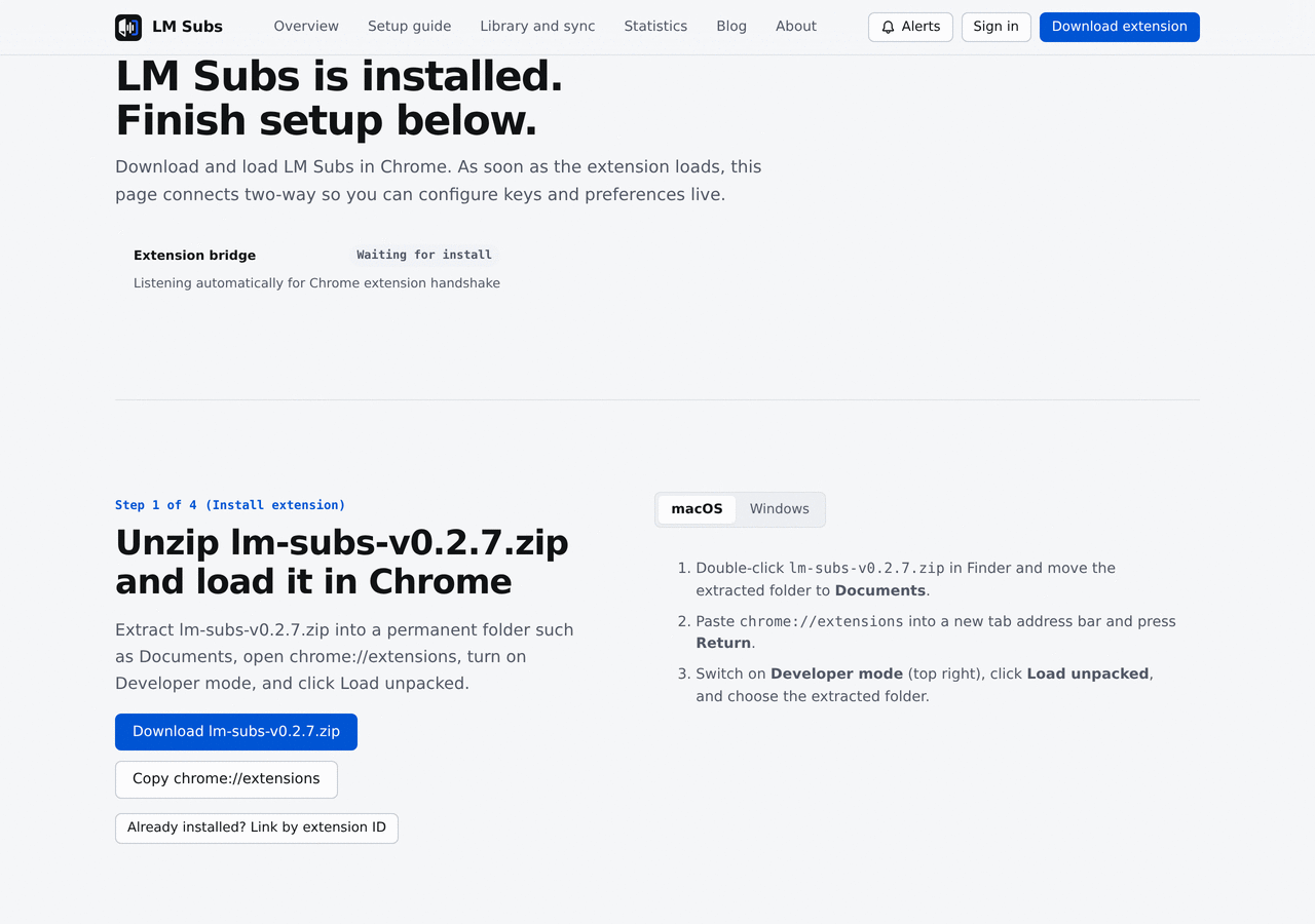 The LM Subs page that opens automatically after install, showing the four step setup wizard